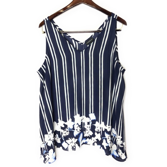 Lane Bryant Tops - Lane Bryant Blue Striped Floral V-Neck Sleeveless
